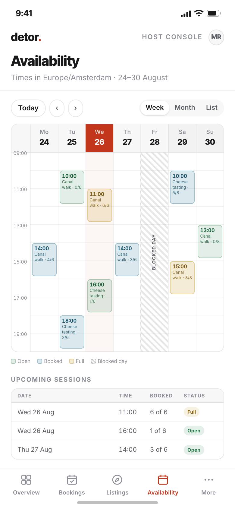 A week of slots in the host console, with booked, open and blacked-out days