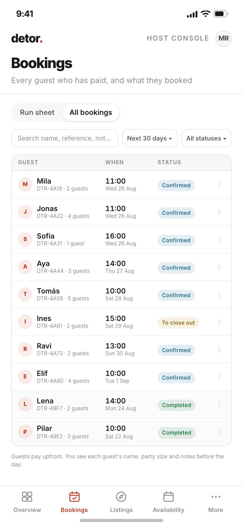 Upcoming bookings in the host console, each with party size, time and status