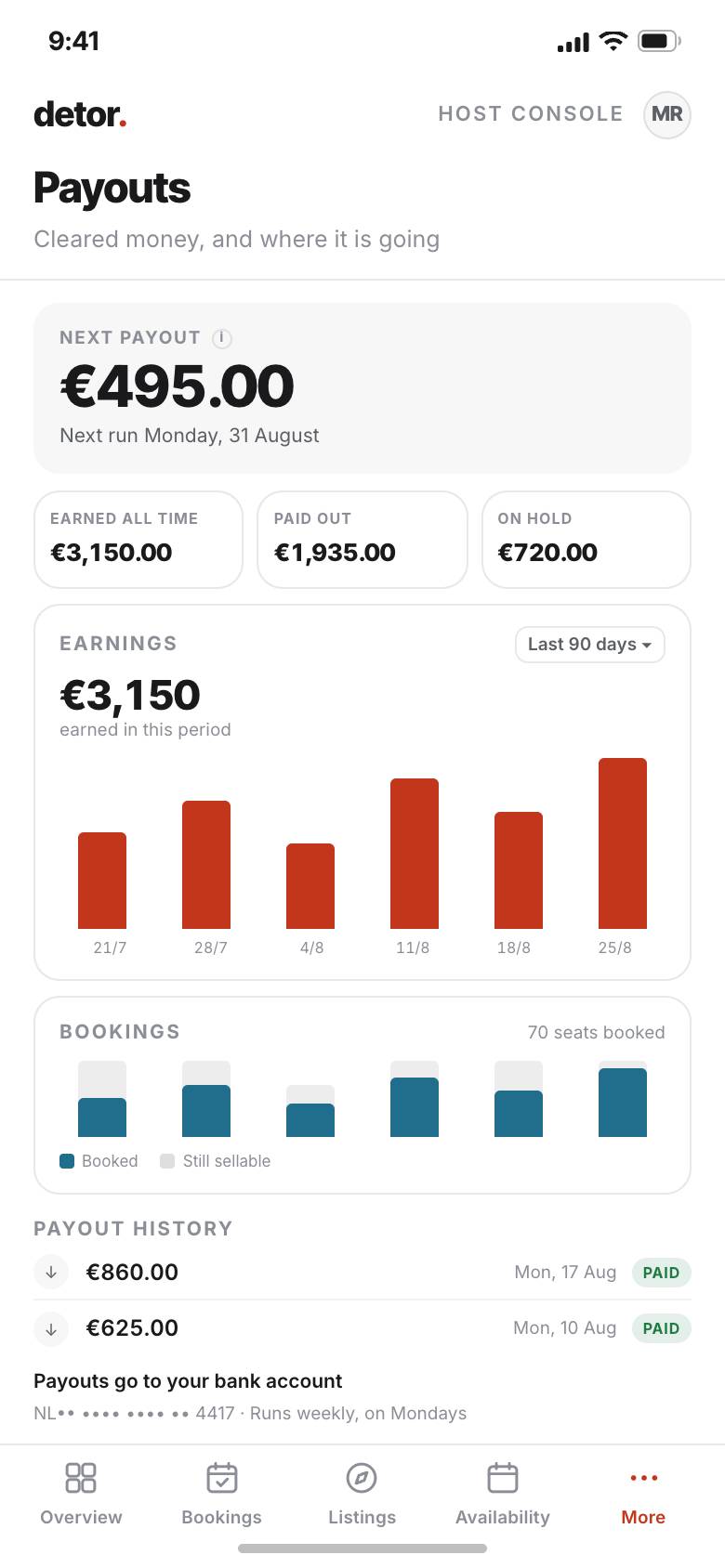 Earnings charted by week in the host console, with the next payout below