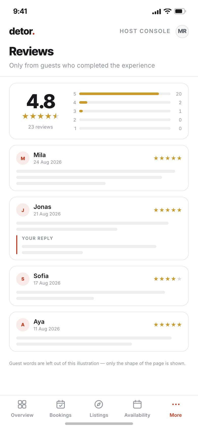 Reviews in the host console, each beside the session it came from